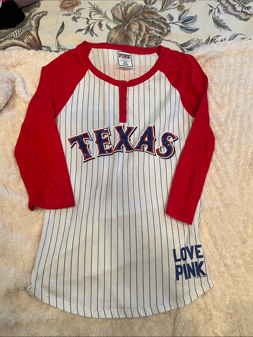 PINK Victoria's Secret Red & White 'Texas' Baseball Raglan Tee